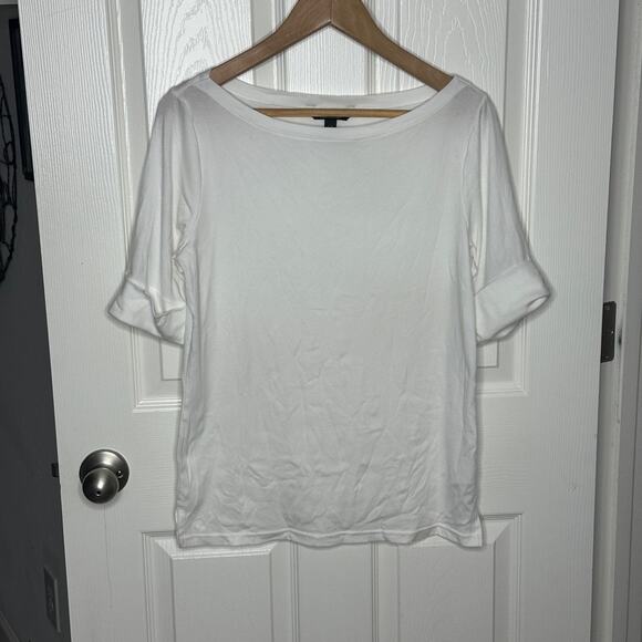 lauren ralph lauren white boat neck cuff sleeve cotton stretch top size large - Picture 3 of 6